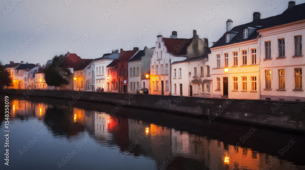 Obraz premium Historic buildings mirrored in a twilight canal, a dreamy watercolor cityscape evoking timeless serenity.
