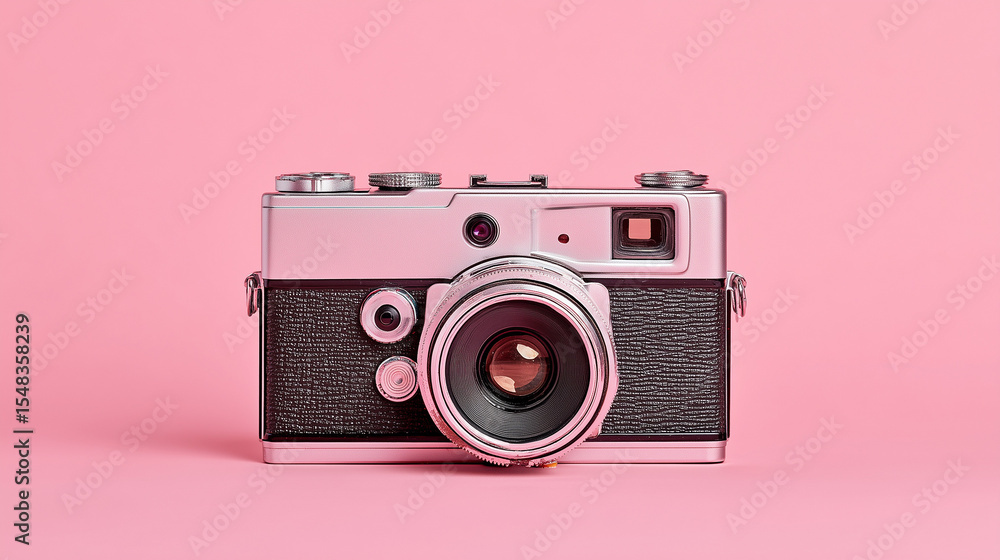 Fototapeta premium This vintage film camera on a soft pink background blends retro charm with modern minimalism.
