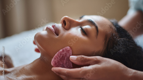 Smooth hands holding gua sha stone gliding along clientâs jawline