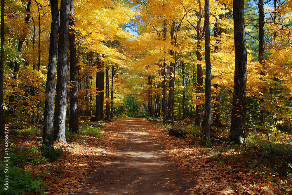 Obraz premium Sunlit Autumn Path Through Golden Deciduous Forest