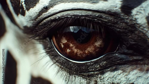 A detailed close-up of a zebra's eye with its distinctive black and white striped pattern, set against the backdrop of the natural world.