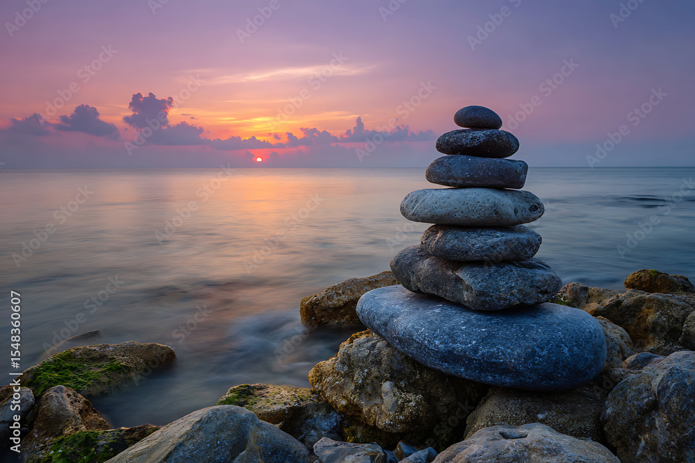 Fototapeta premium Serene Sunset Ocean Rocks Balanced Stack Calm Sea stones