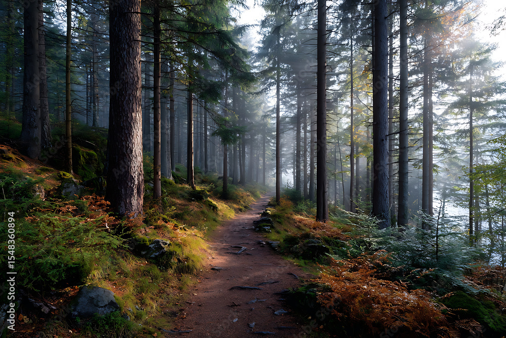 Fototapeta premium Sunlit Forest Path Misty Morning Autumn Woods Trail