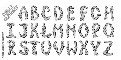 Pebble alphabet. Black and gray creative letters with text sample.