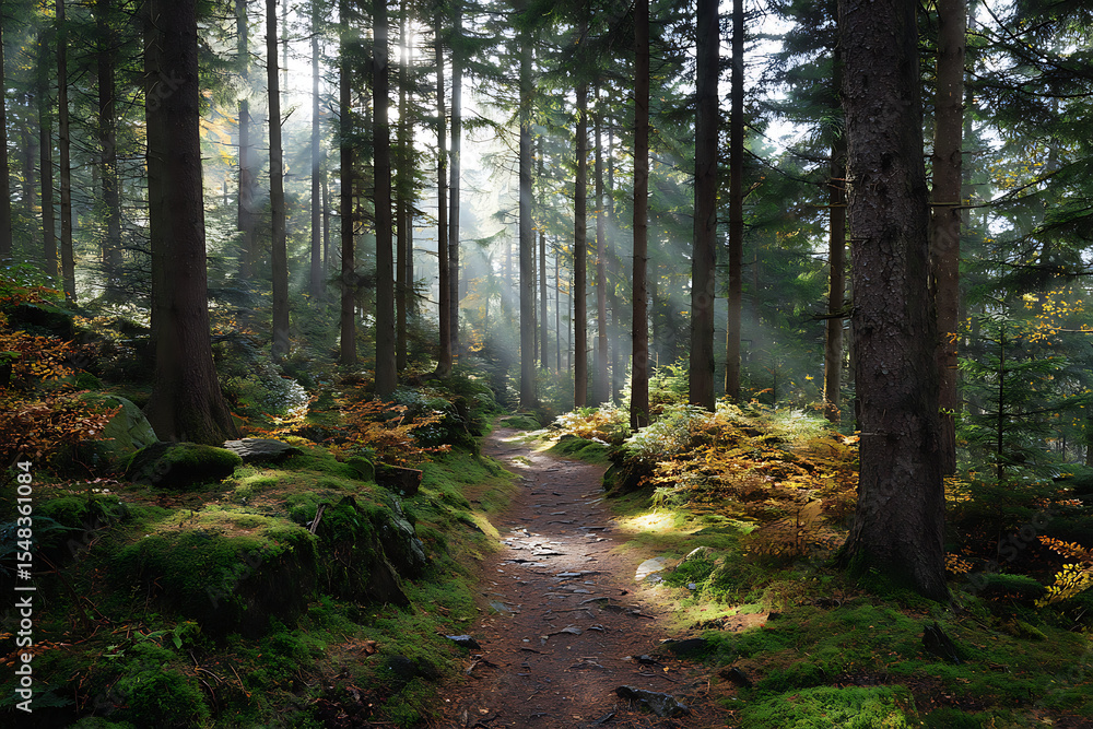 Fototapeta premium Sunlit Forest Path Mossy Green Trees Autumn Sunlight