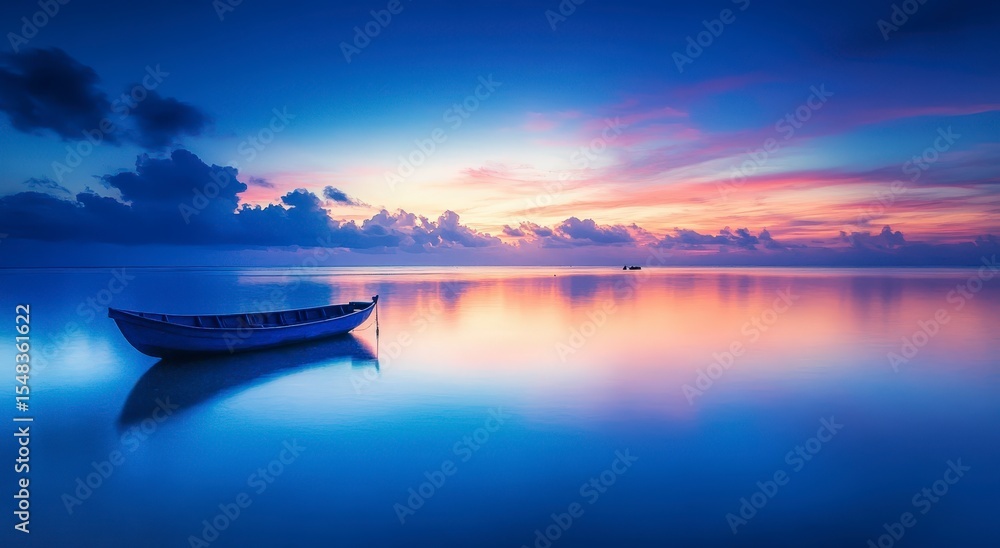 Serene Sunset Over Calm Water with Lone Boat in Tranquil Scene Serene Sunset Over Calm Water with Lone Boat in Tranquil Scene