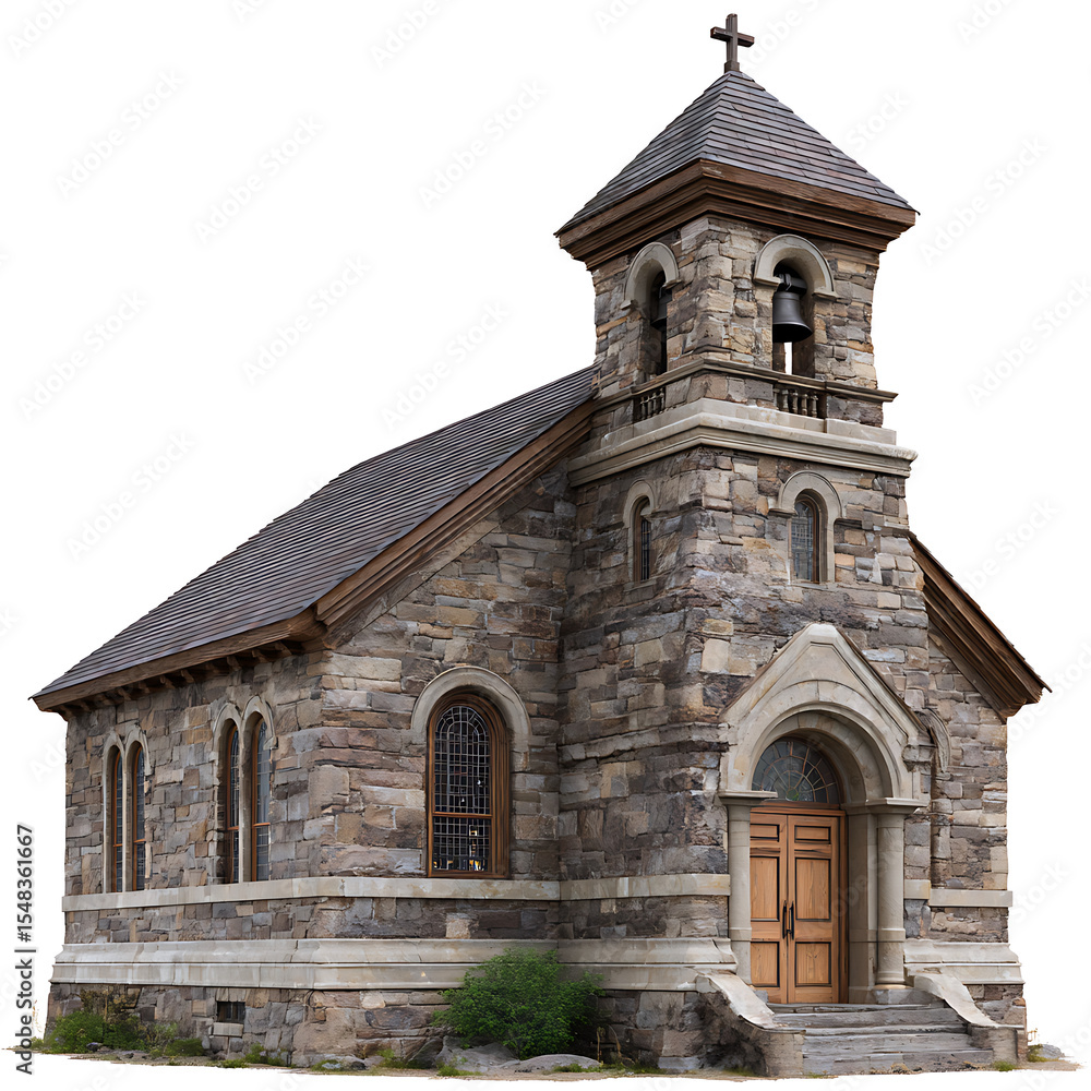 Fototapeta premium Small Stone Church 3 D Render Gray Brown Bell Tower