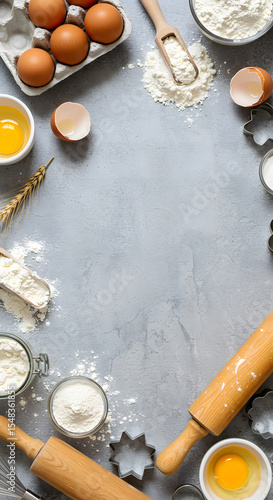 Baking ingredients and tools on a gray surface, including eggs, flour