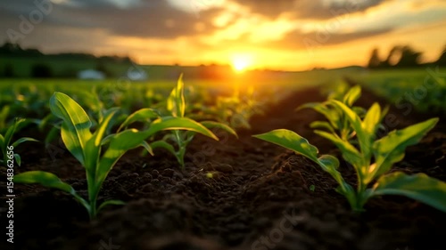 Sunlight illuminating young corn plants growing in a lush field at sunset, serene rural landscape