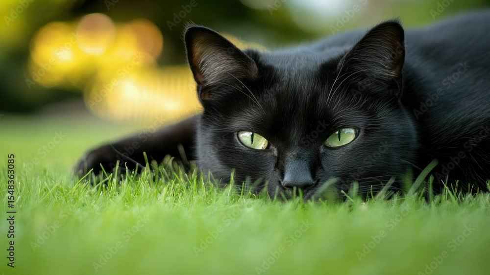 A black cat lying down on a lush green grassy field A black cat lying down on a lush green grassy field