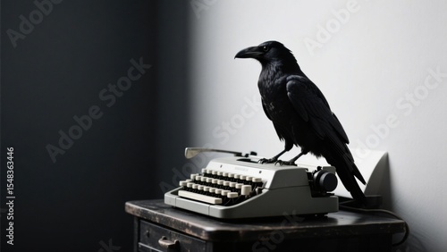 A majestic black raven perches on an old vintage typewriter, against a contrasting backdrop of dark and light walls, creating a unique literary atmosphere .