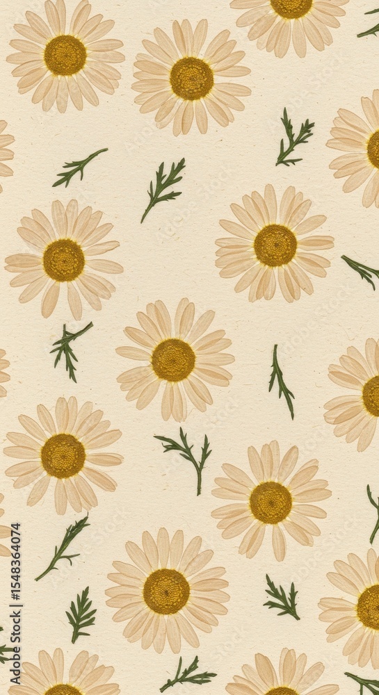 Vertical pattern of light yellow daisies and green leaves on cream background Vertical pattern of light yellow daisies and green leaves on cream background