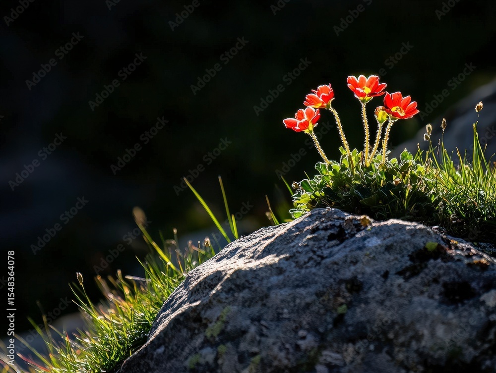 Obraz premium Vibrant Red Flowers Blooming on Rocky Terrain in Soft Light