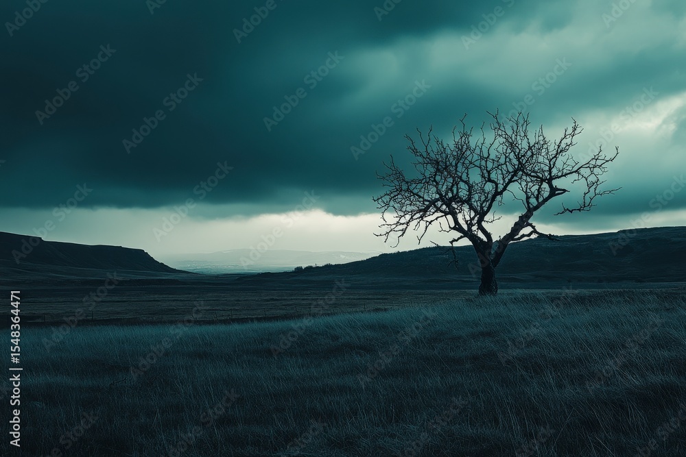 Dark and Moody Landscape with Lone Tree Under Dramatic Sky Dark and Moody Landscape with Lone Tree Under Dramatic Sky