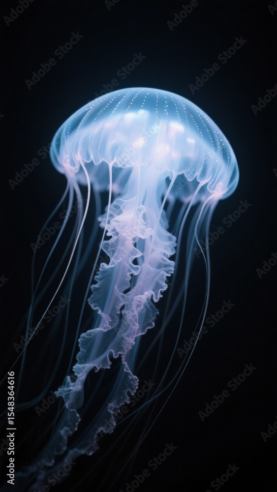 Glowing jellyfish with translucent tentacles gracefully drifting in the deep ocean, captivating with its ethereal beauty and mesmerizing movement in the dark space. Glowing jellyfish with translucent tentacles gracefully drifting in the deep ocean, captivating with its ethereal beauty and mesmerizing movement in the dark space.
