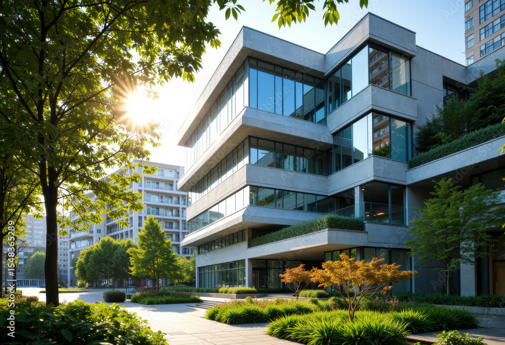 Fototapeta premium Modern multi-story office building with glass facades surrounded by greenery and trees