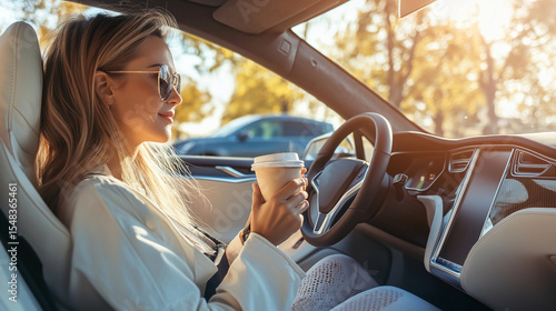 woman drinking coffee and looking at the phone while driving a driverless car, view from inside an ultra-modern ethereal car on a sunny day