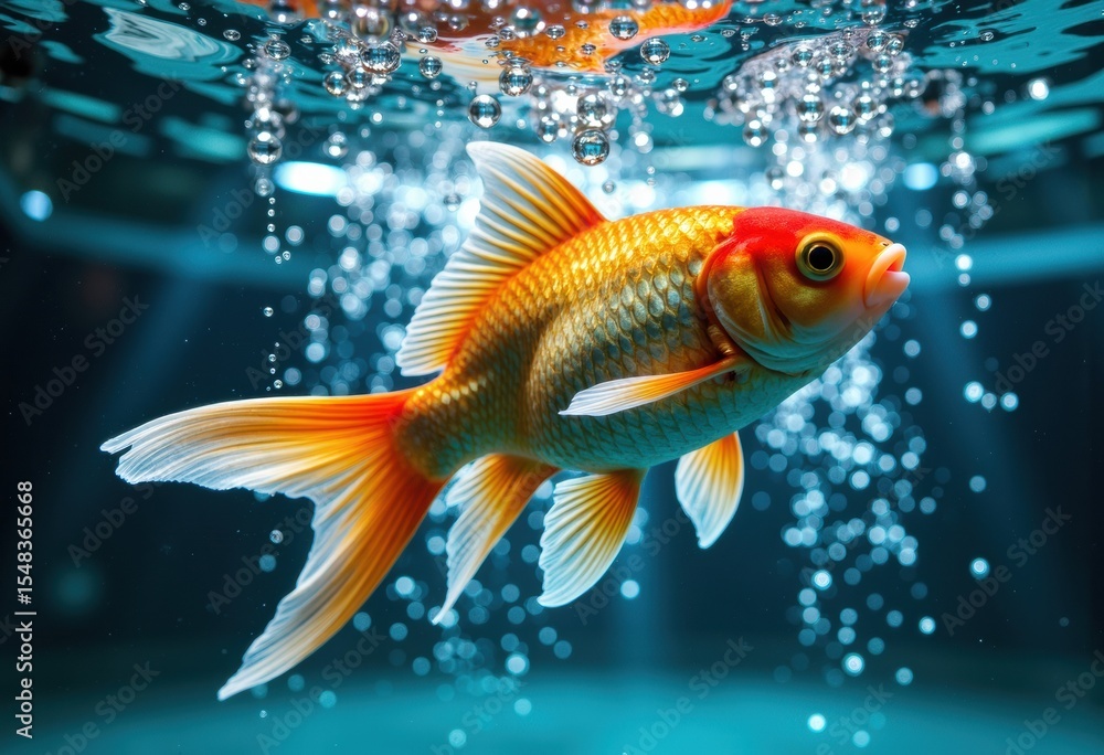 Fototapeta premium Colorful goldfish swimming underwater with bubbles and vibrant background