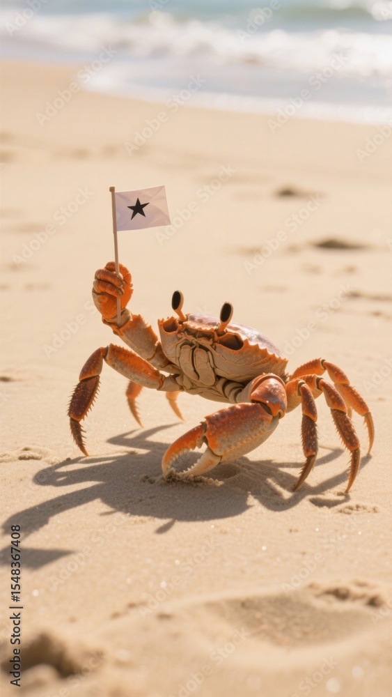 Obraz premium A charming crab proudly waves a flag with a star on a sandy beach, creating a whimsical and delightful scene with gentle waves in the background .