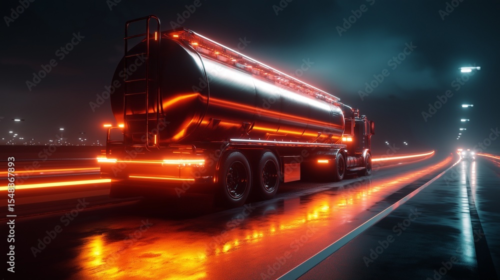 Fototapeta premium stylized gas tank truck driving along a futuristic highway