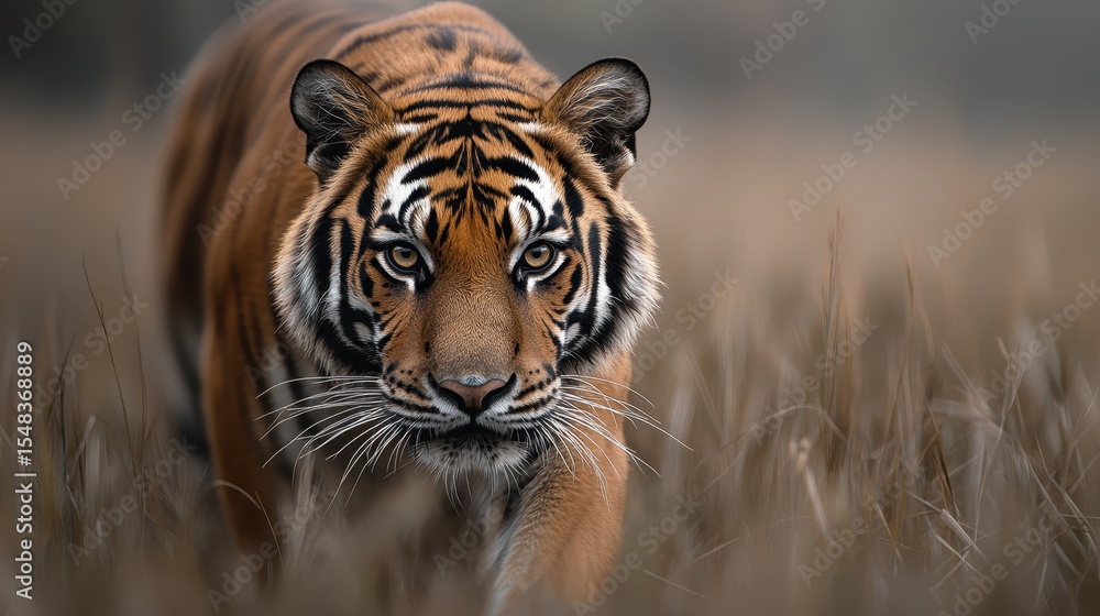 Fototapeta A captivating close-up of a majestic tiger prowling through tall grass, showcasing its powerful presence and the beauty of wildlife in its natural habitat.