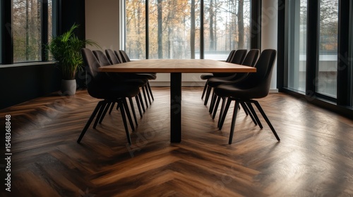 Wallpaper Mural A beautifully designed modern conference room featuring a sleek wooden table surrounded by comfortable chairs, offering a professional setting for meetings and discussions. Torontodigital.ca