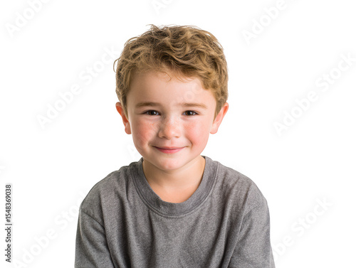 Studio headshot of a cute little boy with curly brown hair and a happy smile. Adorable child portrait isolated on a white background.