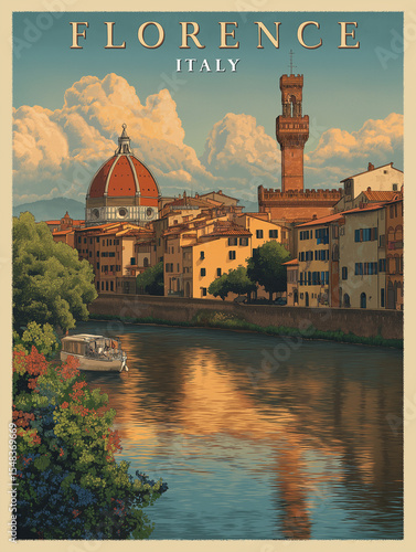 Florence, Italy: A vintage poster of the city's skyline at sunset.