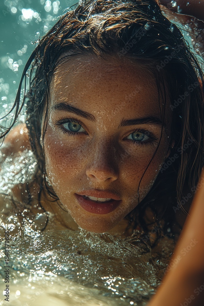 Fototapeta premium Young woman enjoying water activities with captivating expression in natural light