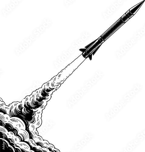 Ballistic Missile launch , black and white illustration of a missile rapidly ascending, leaving a thick trail of smoke behind it
