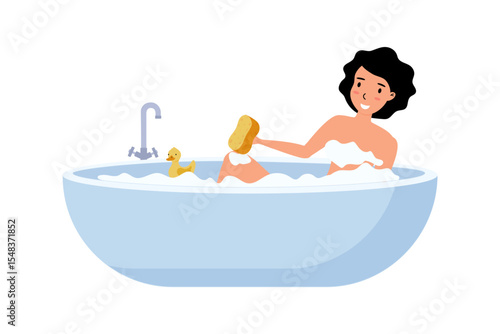 Relaxing bath time with a rubber duck and sponge for soothing self-care routine