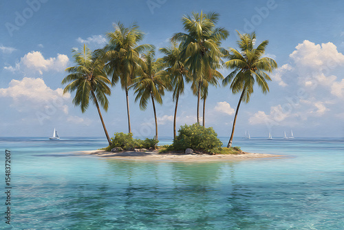Tropical Island Paradise Six Palm Trees Turquoise Ocean Sailboats