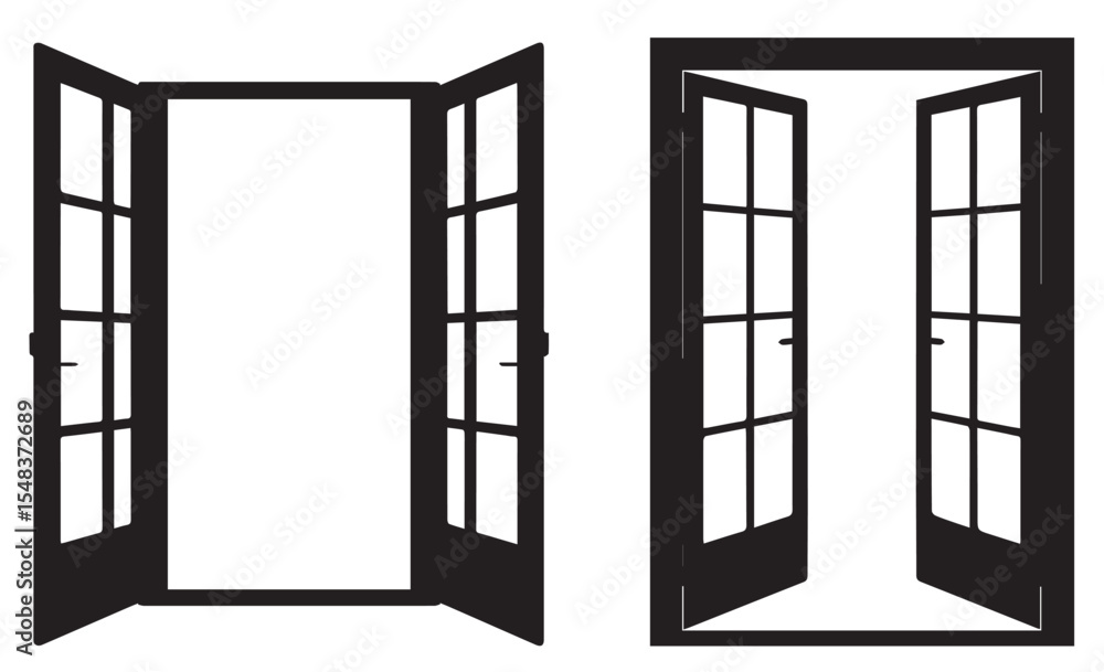 Black and white illustration of open french doors with grid window panes and white space Black and white illustration of open french doors with grid window panes and white space