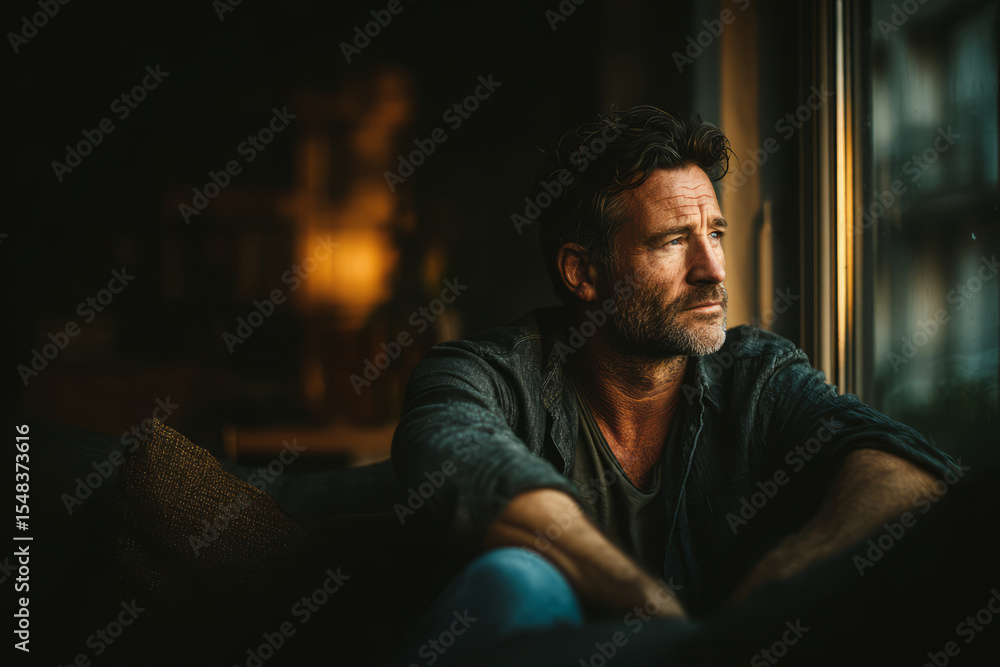 Obraz premium Sad middle aged man sitting alone near window at home