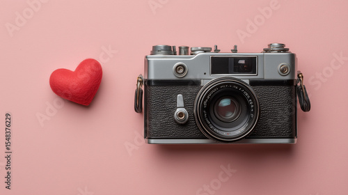 The combination of a classic camera and red heart on a pastel background offers a charming retro concept for holiday or vacation banners.

