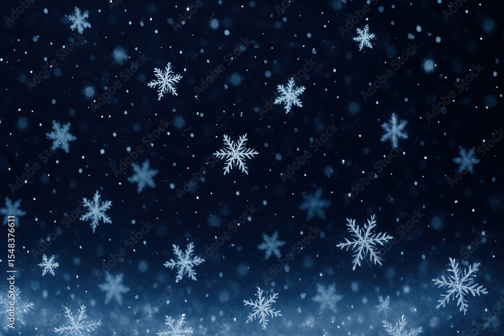 Winter wonderland with pristine snowflakes cascading against midnight blue backdrop creating magical seasonal atmosphere Winter wonderland with pristine snowflakes cascading against midnight blue backdrop creating magical seasonal atmosphere