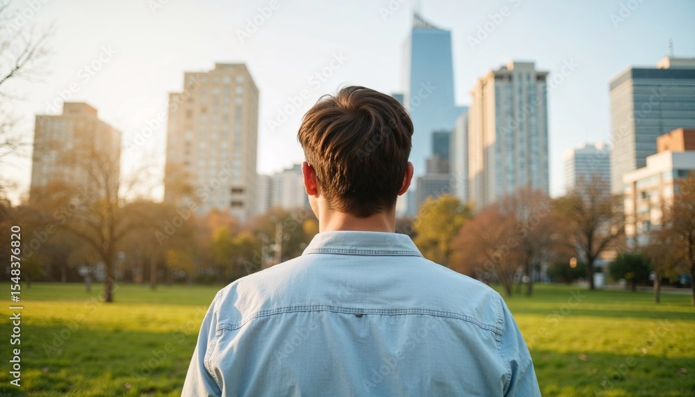 Young man standing in park looking at city skyline during sunset Young man standing in park looking at city skyline during sunset