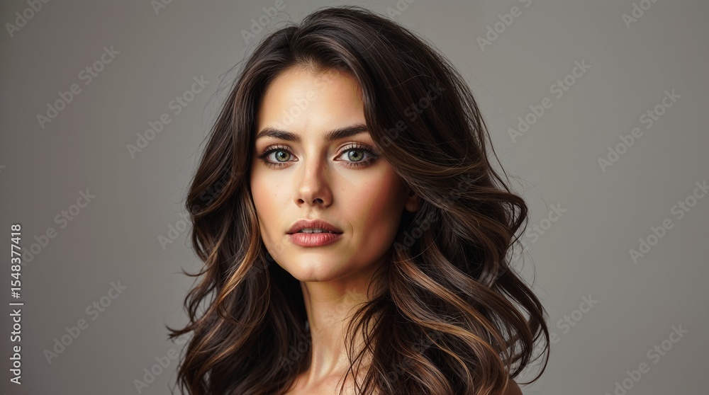 Naklejka premium Portrait of a woman with voluminous, wavy brunette hair and a subtle makeup look placed against a neutral background