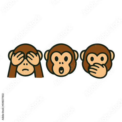 Three wise monkeys cartoon showing see no evil, hear no evil, speak no evil in a cute and expressive flat design style.

