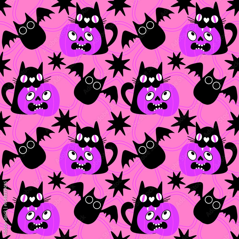 Fototapeta premium Halloween animals seamless cats pattern for wrapping paper