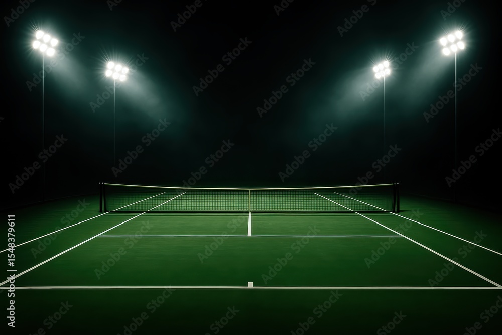 Fototapeta premium Professional tennis court illuminated by stadium spotlights during evening tournament match