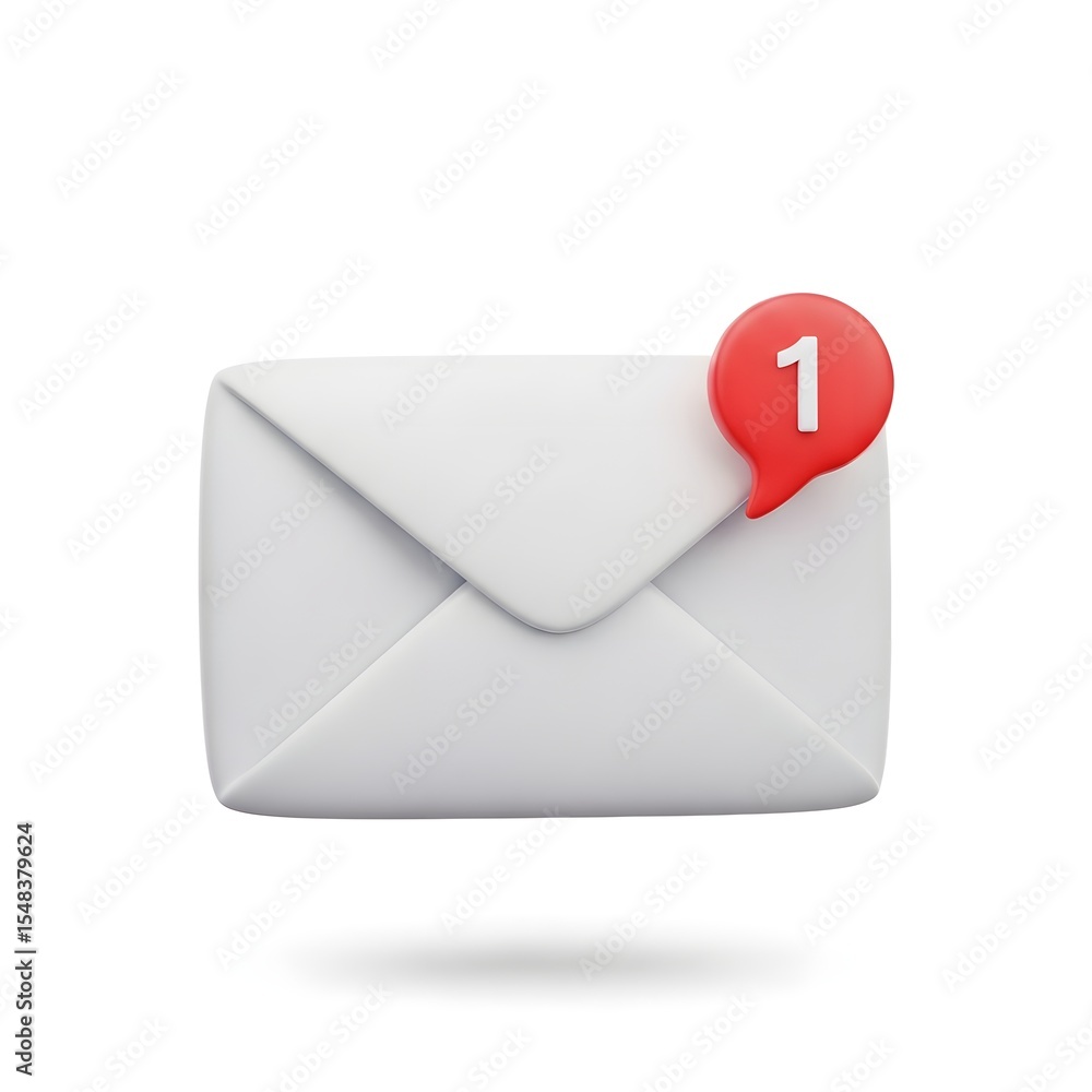 White Email Envelope with Red Notification Bubble Showing One Message White Email Envelope with Red Notification Bubble Showing One Message