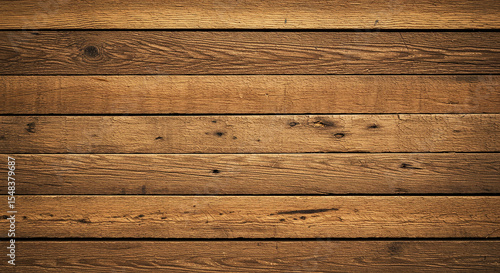 A horizontal close up view of a wooden plank surface with a rich brown and tan color tone
