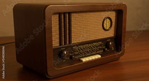 A vintage radio with a wooden case sitting on a wooden surface in a dimly lit environment