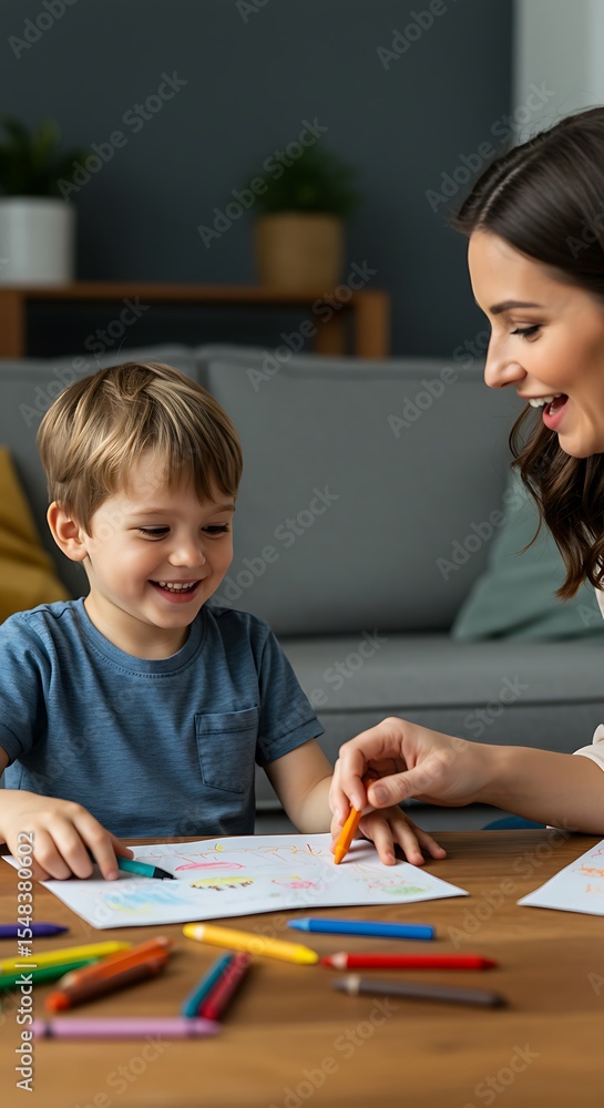Fototapeta premium Boy showing drawing to mother in living room 