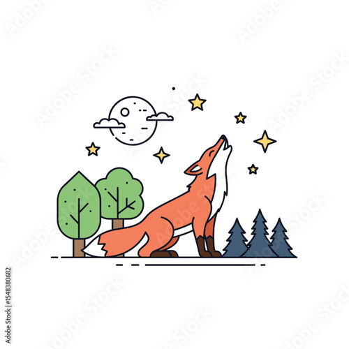 Nocturnal Fox Howling at the Moon Nighttime Forest Illustration