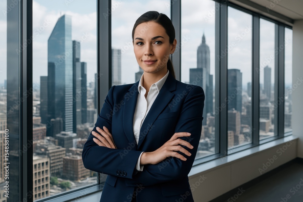 Fototapeta premium Confident female executive in tailored business suit standing in modern glass office overlooking city skyline