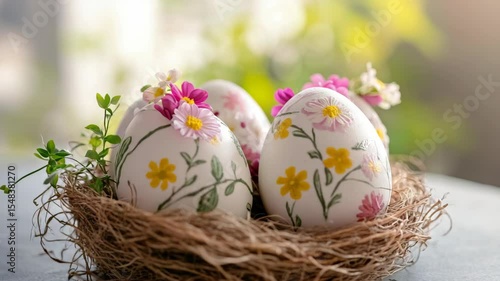 Wallpaper Mural Four painted eggs with flowers on them are in a basket. The basket is made of twigs Torontodigital.ca