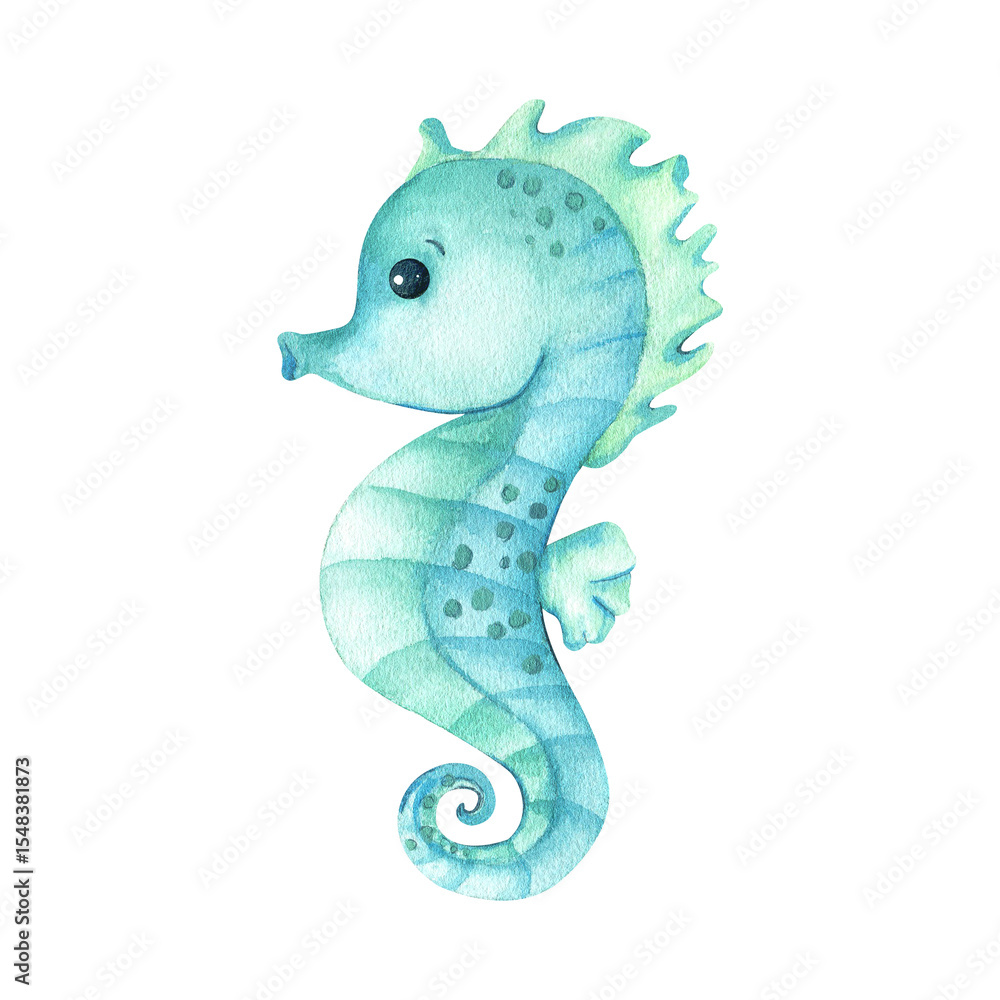 Fototapeta premium Seahorse watercolor children illustration isolated from background. Pastel turquoise blue green cute children's personage sea creature. Marine mollusk design for kids posters, stickers, textile