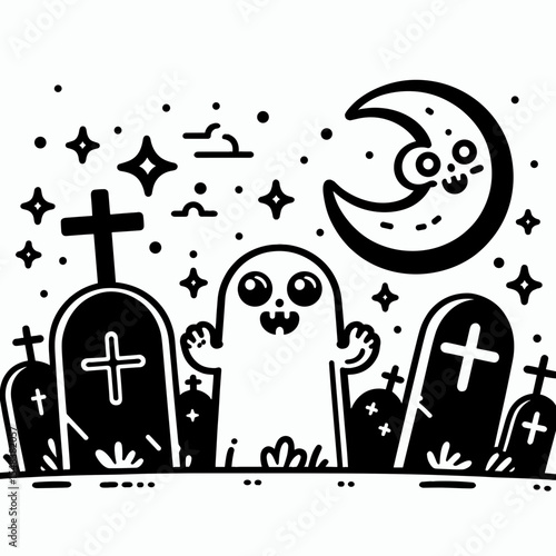 Cartoon Ghost in Cemetery